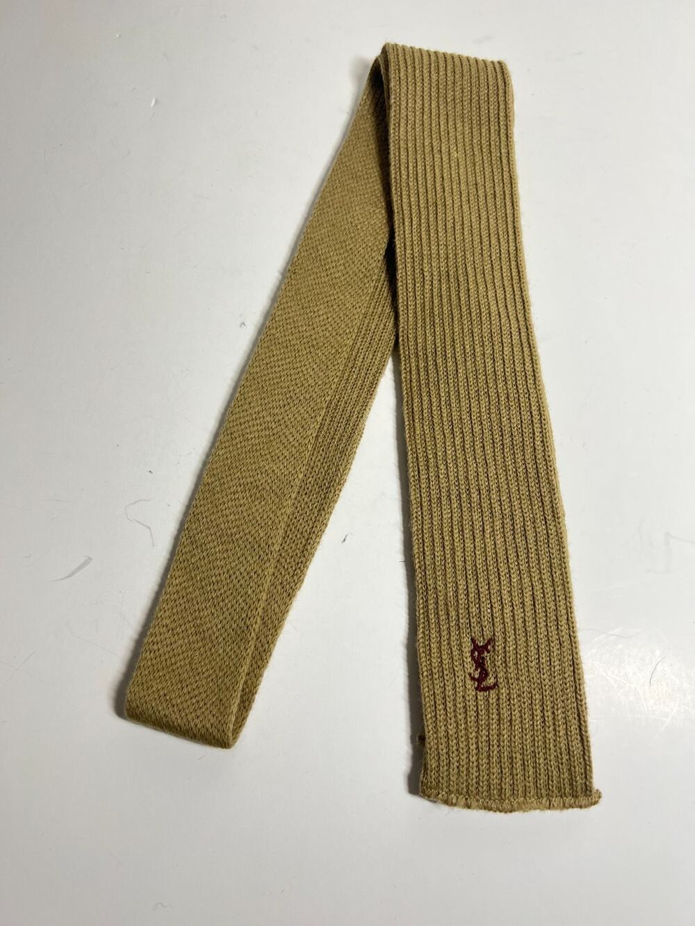 Yves Saint Laurent YSL 100% Wool Khaki Knit Logo Neck Tie Italy 55" x. 2.5"